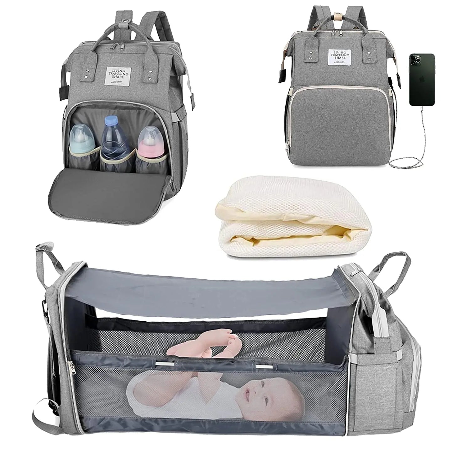 🎒🍼 Sac à Langer 3-en-1 avec Lit Bébé Intégré – Sac à Dos Voyage Étanche avec Port USB – Multifonction pour Parents Modernes