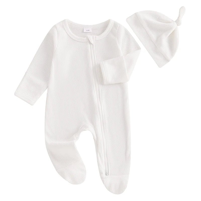 👶🍂 Combinaison Bébé Automne – Romper à Pieds Uni en Coton Gaufré + Bonnet™ - Planète bébé
