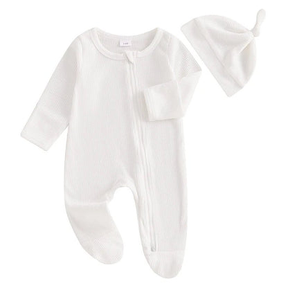 👶🍂 Combinaison Bébé Automne – Romper à Pieds Uni en Coton Gaufré + Bonnet™ - Planète bébé