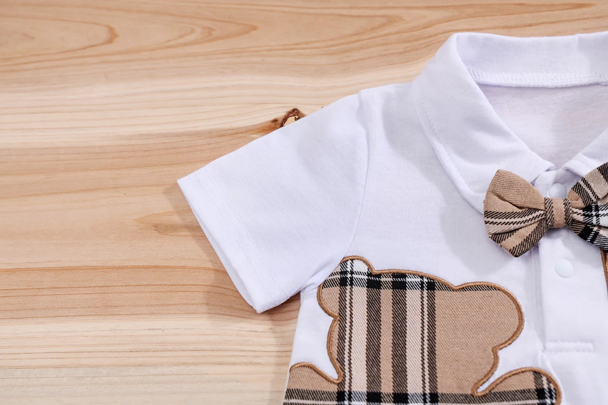 🧸 Ensemble 2 Pièces Bébé – Body à Manches Courtes Motif Ours + Pantalon Bretelles à Carreaux™ - Planète bébé