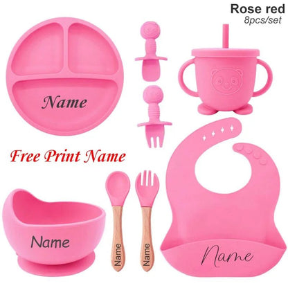 🍽️👶 Set Repas Bébé Personnalisable – Nom Gravé – Silicone Alimentaire Antidérapant (8 pièces)™ - Planète bébé