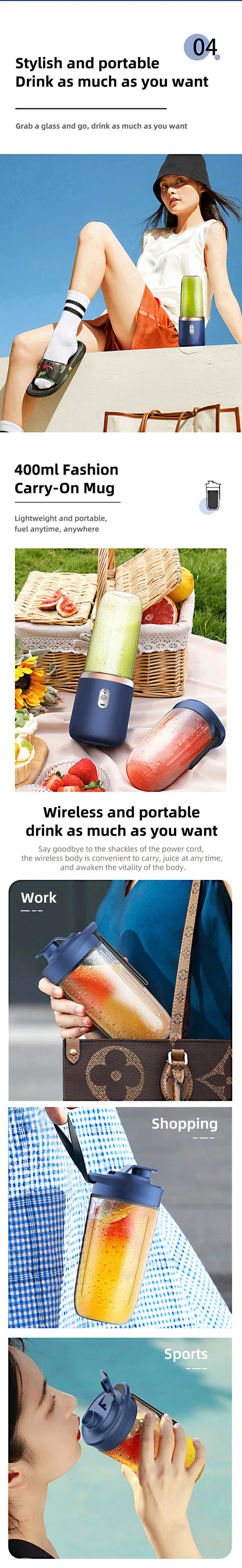 🥤 Blender Portable Électrique HOMEFISH – 6 Lames Acier Inoxydable – Smoothies, Jus, Glace &amp; Milkshakes – Rechargeable – Compact &lt;500ml™