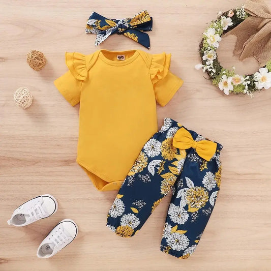 🌸👶 Ensemble Bébé Fille 3 Pièces – Body Manches Courtes + Pantalon Fleuri + Bandeau – Mioglrie Été™ - Planète bébé