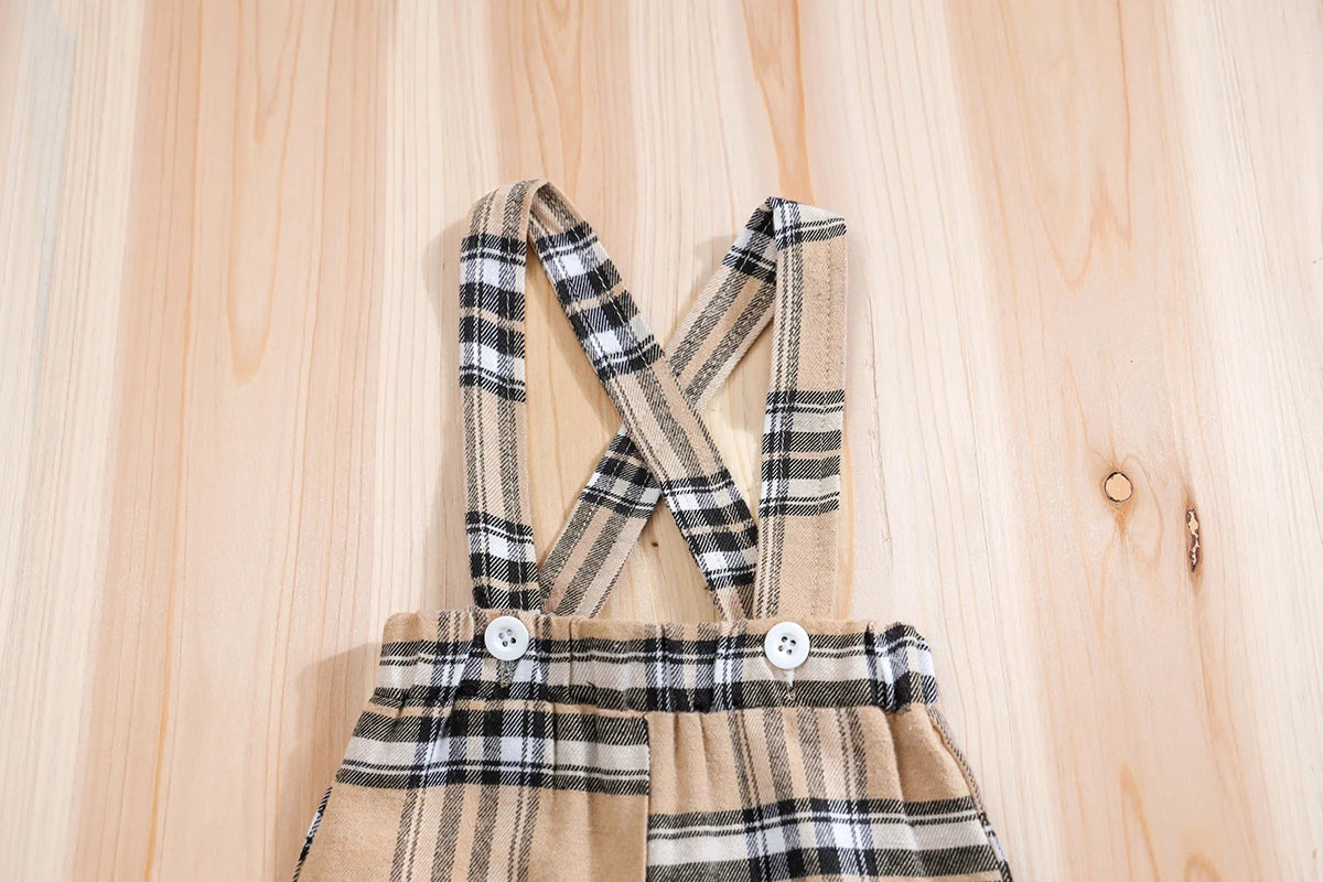 🧸 Ensemble 2 Pièces Bébé – Body à Manches Courtes Motif Ours + Pantalon Bretelles à Carreaux™ - Planète bébé