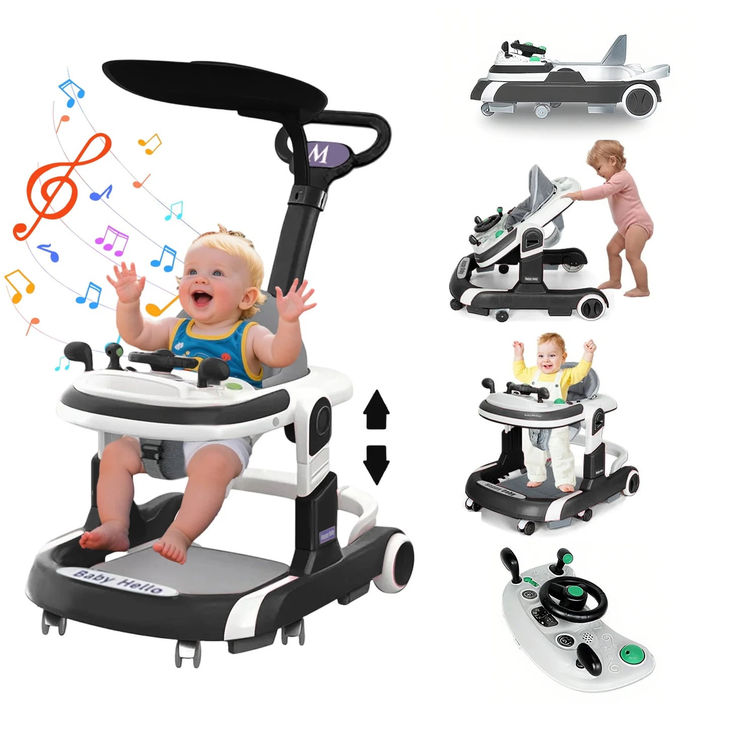 Trotteur Bébé Multifonction™ – Avec Pare-Soleil, Siège Confort et Musique – Antibasculement et Réglable
