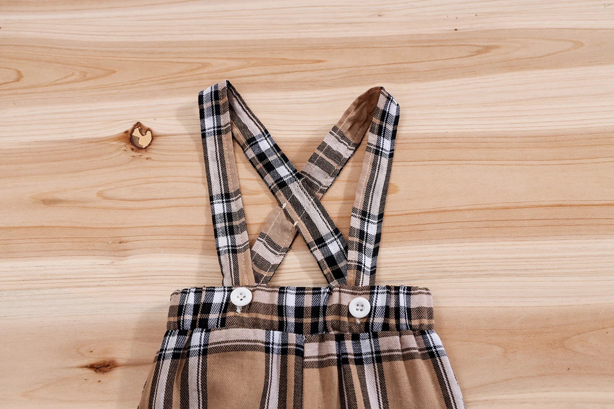 🧸 Ensemble 2 Pièces Bébé – Body à Manches Courtes Motif Ours + Pantalon Bretelles à Carreaux™ - Planète bébé