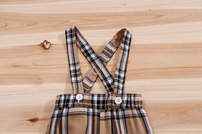🧸 Ensemble 2 Pièces Bébé – Body à Manches Courtes Motif Ours + Pantalon Bretelles à Carreaux™ - Planète bébé