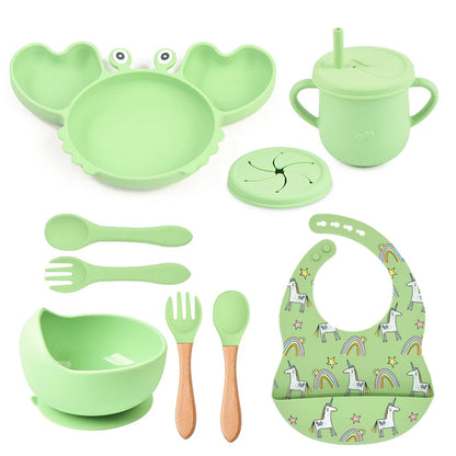 🍽️ Set de Vaisselle Bébé 9 Pièces en Silicone – Antidérapant &amp; Sans BPA™