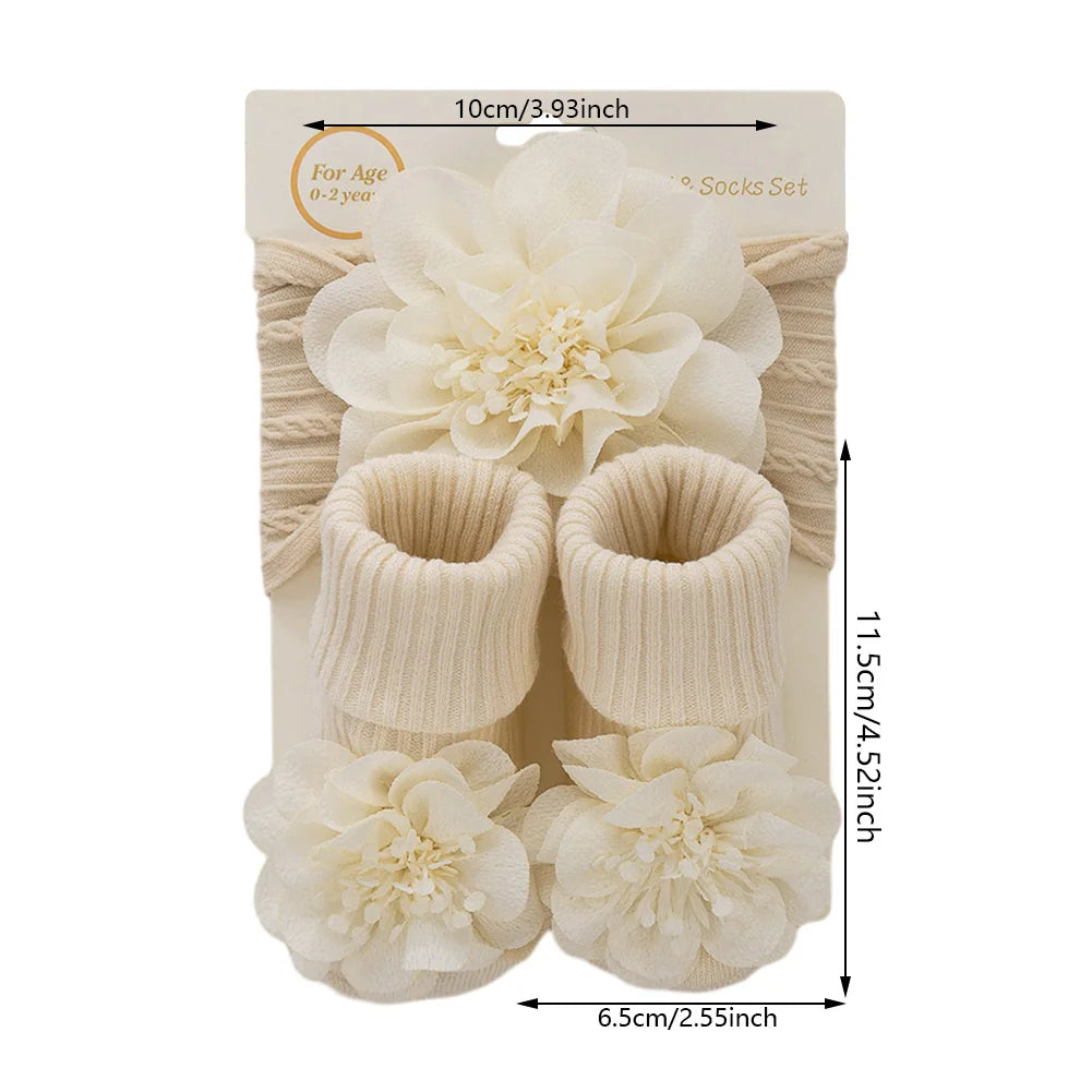 Coffret Naissance 3 Pièces – Duo de Bandeaux Dentelle &amp; Chaussettes Assorties