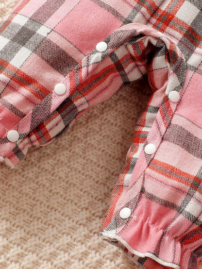 Barboteuse Bébé Fille Printemps Automne à Manches Volantes – Motif Carreaux Rose avec Bandeau – Confort Stretch 0-18 Mois™