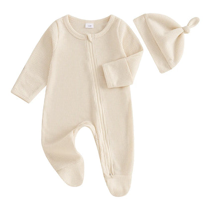 👶🍂 Combinaison Bébé Automne – Romper à Pieds Uni en Coton Gaufré + Bonnet™