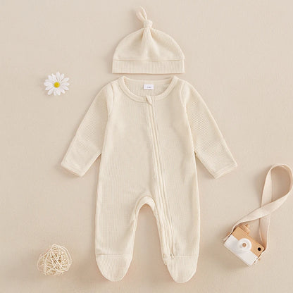 👶🍂 Combinaison Bébé Automne – Romper à Pieds Uni en Coton Gaufré + Bonnet™