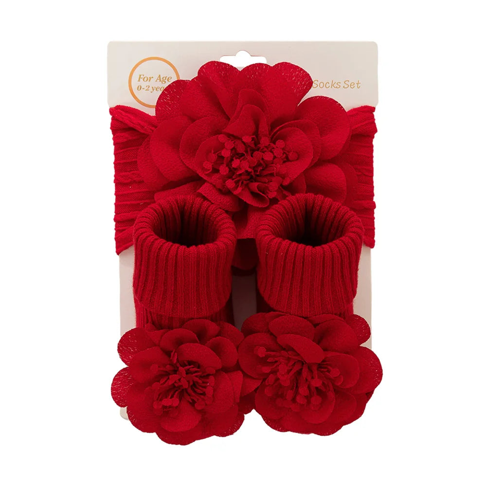 Coffret Naissance 3 Pièces – Duo de Bandeaux Dentelle &amp; Chaussettes Assorties