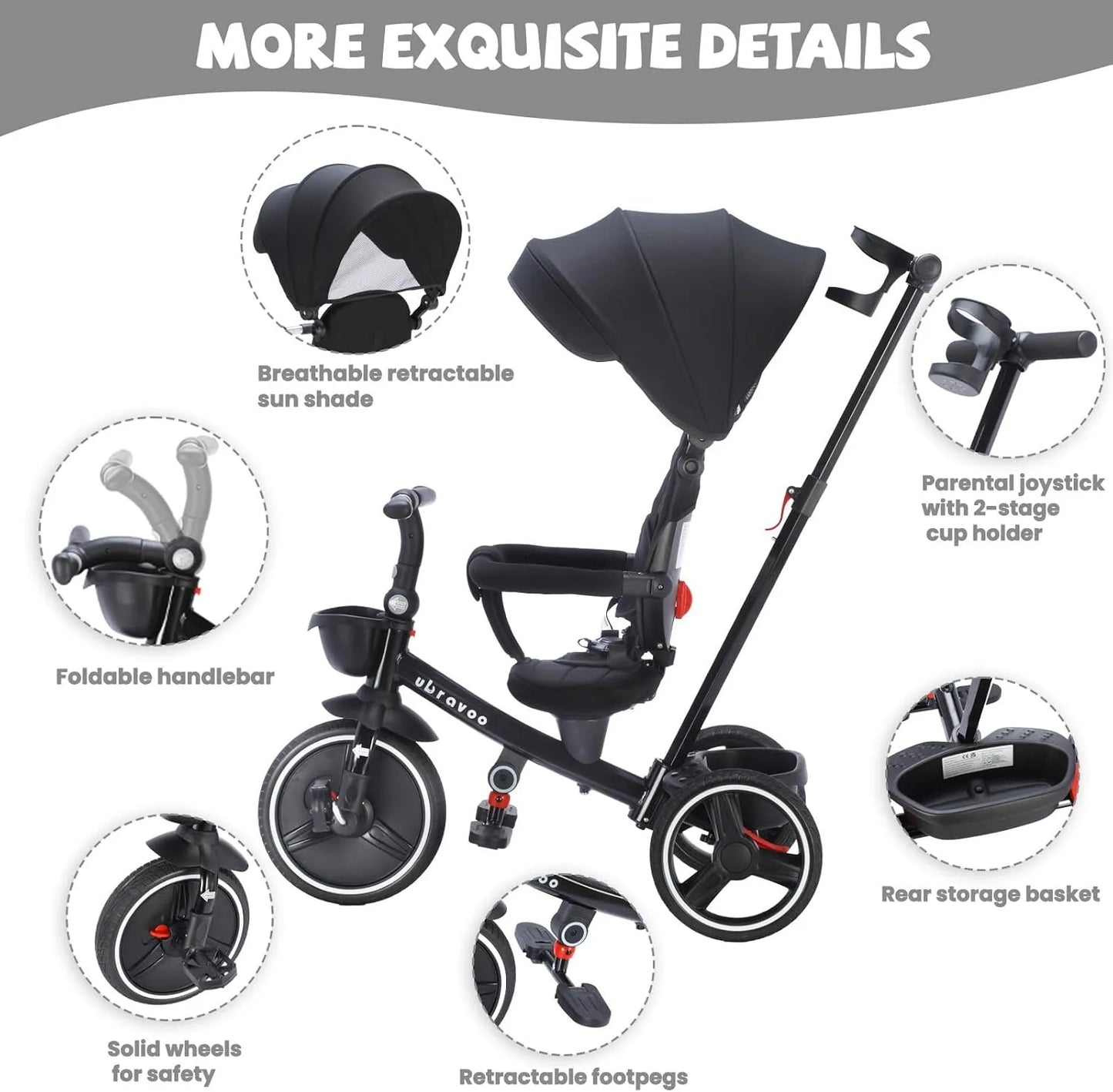🚲 Tricycle Évolutif 6 - en - 1 pour Bébé – Poussette Vélo avec Guidon Parental, Canopy Réglable &amp; Ceinture de Sécurité™ - Planète bébé