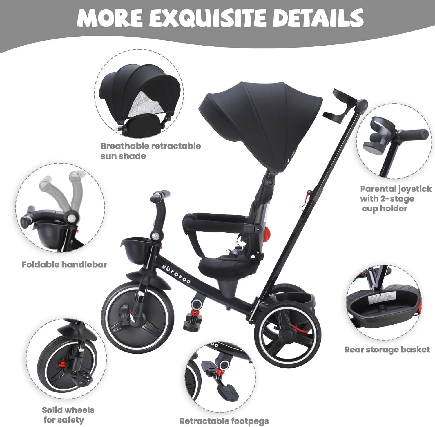 🚲 Tricycle Évolutif 6 - en - 1 pour Bébé – Poussette Vélo avec Guidon Parental, Canopy Réglable &amp; Ceinture de Sécurité™ - Planète bébé