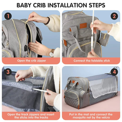 🎒🍼 Sac à Langer 3-en-1 avec Lit Bébé Intégré – Sac à Dos Voyage Étanche avec Port USB – Multifonction pour Parents Modernes