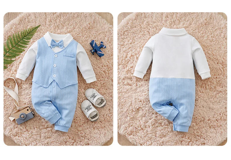 🎩 Combinaison Bébé Garçon Style Gentleman – Coton 100% – Nœud Papillon Intégré – Printemps &amp; Automne™ - Planète bébé
