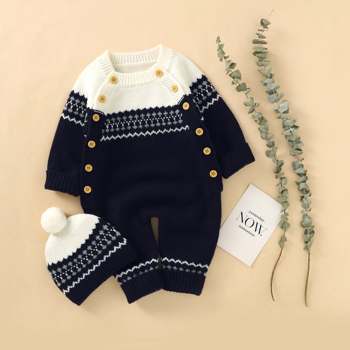 Combinaison Bébé Tricotée avec Bonnet – Body Hiver Automne