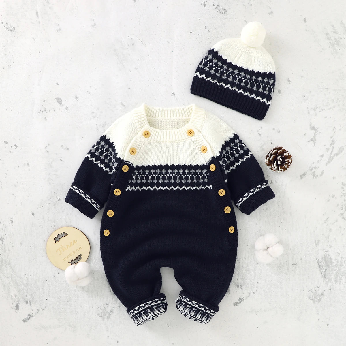 Combinaison Bébé Tricotée avec Bonnet – Body Hiver Automne