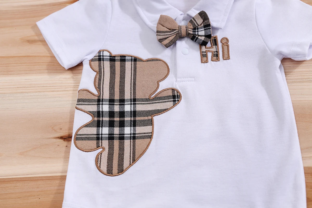 🧸 Ensemble 2 Pièces Bébé – Body à Manches Courtes Motif Ours + Pantalon Bretelles à Carreaux™ - Planète bébé