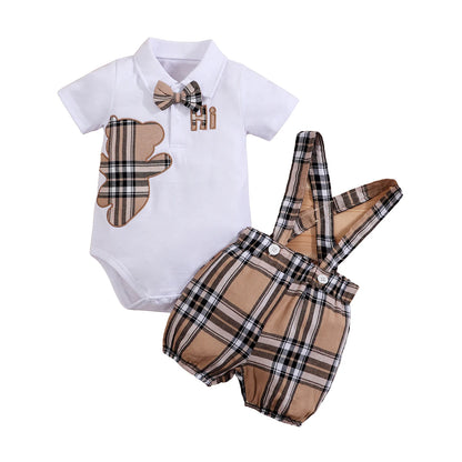🧸 Ensemble 2 Pièces Bébé – Body à Manches Courtes Motif Ours + Pantalon Bretelles à Carreaux™ - Planète bébé