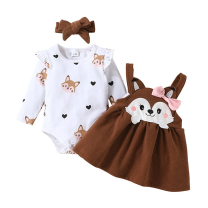 🎀🦊 Ensemble Bébé Fille 2 Pièces – Body à Manches Longues + Robe Renard avec Nœud – Automne/Hiver – ROMPERBO™ - Planète bébé