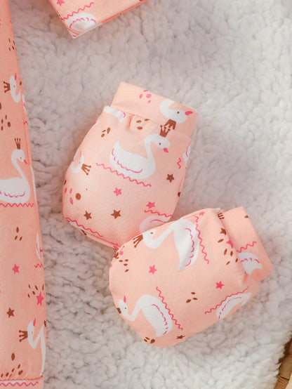 nsemble Naissance 4 Pièces Coton Ultra Doux Bébé Fille – Grenouillère Imprimé Cygne + Bonnet + Bavoir + Gants™
