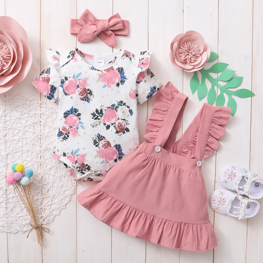 🌸 Ensemble Été 3 Pièces Bébé Fille – Fleurs Élégantes &amp; Bretelles Volantées – Mioglrie™