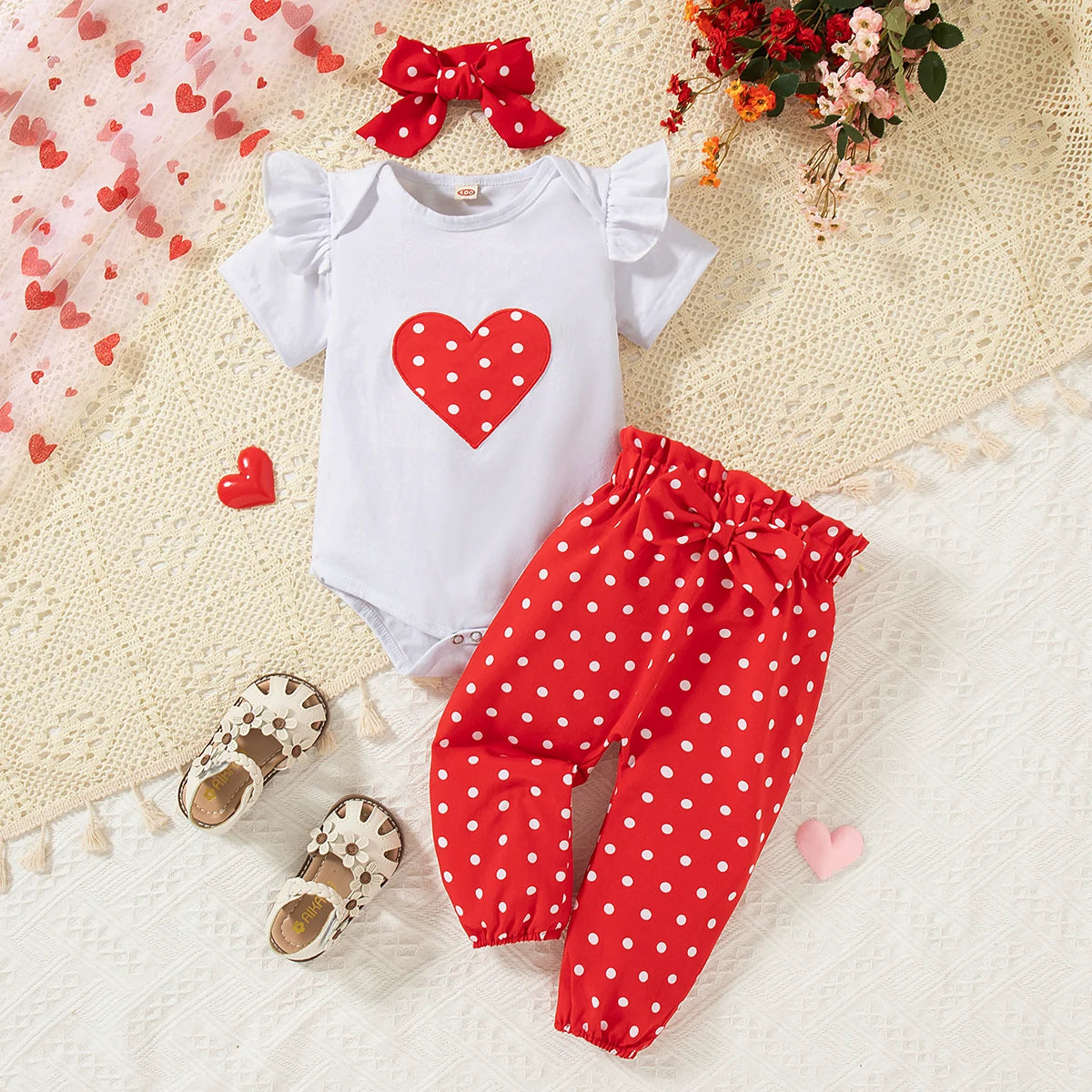 🎀 Ensemble 3 Pièces Bébé Fille – Romper Cœur ❤️ + Pantalon + Bandeau – 0 à 18 Mois™ - Planète bébé