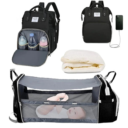 🎒🍼 Sac à Langer 3-en-1 avec Lit Bébé Intégré – Sac à Dos Voyage Étanche avec Port USB – Multifonction pour Parents Modernes