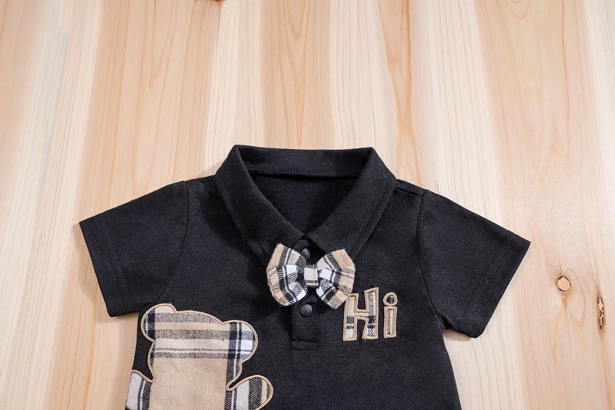 🧸 Ensemble 2 Pièces Bébé – Body à Manches Courtes Motif Ours + Pantalon Bretelles à Carreaux™ - Planète bébé