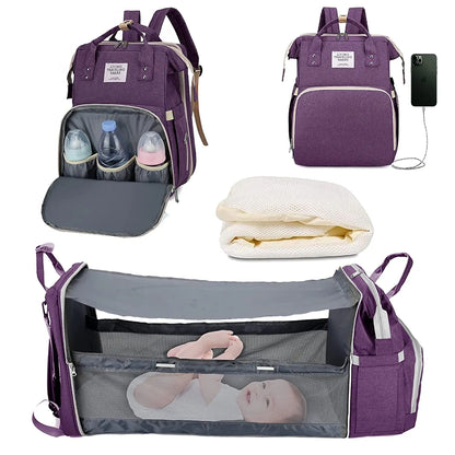 🎒🍼 Sac à Langer 3-en-1 avec Lit Bébé Intégré – Sac à Dos Voyage Étanche avec Port USB – Multifonction pour Parents Modernes