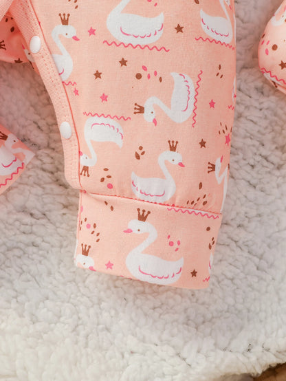 nsemble Naissance 4 Pièces Coton Ultra Doux Bébé Fille – Grenouillère Imprimé Cygne + Bonnet + Bavoir + Gants™