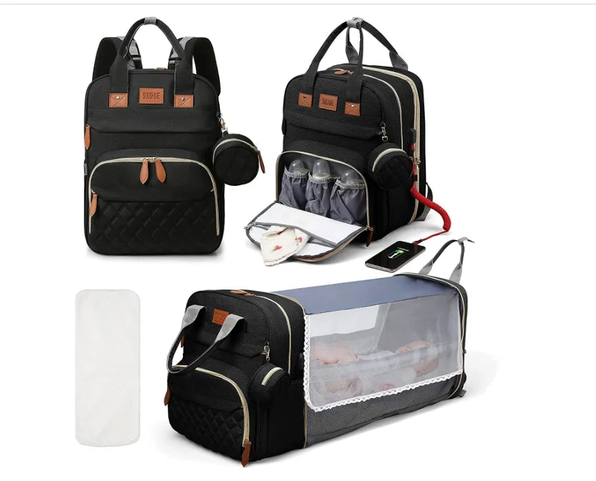 🎒🍼 Sac à Langer 3-en-1 avec Lit Bébé Intégré – Sac à Dos Voyage Étanche avec Port USB – Multifonction pour Parents Modernes
