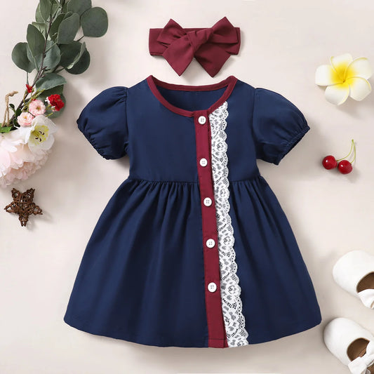 🎀👶 Robe Bébé Fille à Manches Bouffantes avec Dentelle + Bandeau – Ensemble Mode Été 2 Pièces (0-3 Ans)™ - Planète bébé