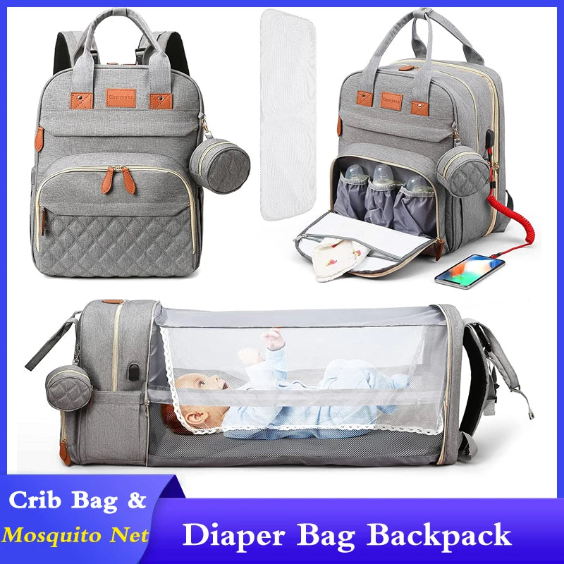 🎒🍼 Sac à Langer 3-en-1 avec Lit Bébé Intégré – Sac à Dos Voyage Étanche avec Port USB – Multifonction pour Parents Modernes