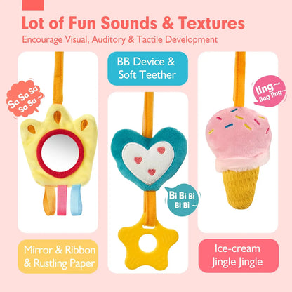 🚗🧸 Jouet de Voiture pour Bébé – Miroir, Grelot, Bruit de Papier &amp; Poignée Squeaky – Jouet d’Éveil pour Siège Auto ou Poussette™