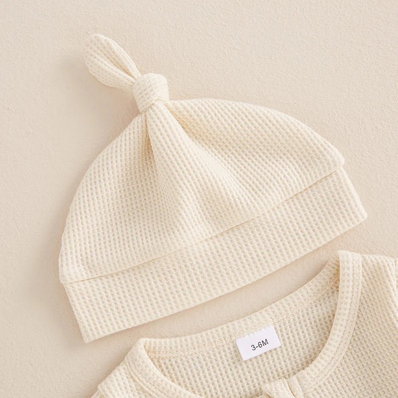 👶🍂 Combinaison Bébé Automne – Romper à Pieds Uni en Coton Gaufré + Bonnet™ - Planète bébé