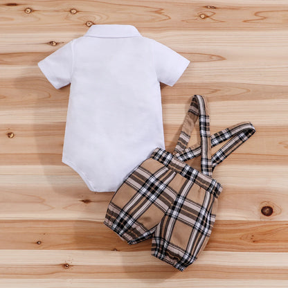 🧸 Ensemble 2 Pièces Bébé – Body à Manches Courtes Motif Ours + Pantalon Bretelles à Carreaux™ - Planète bébé