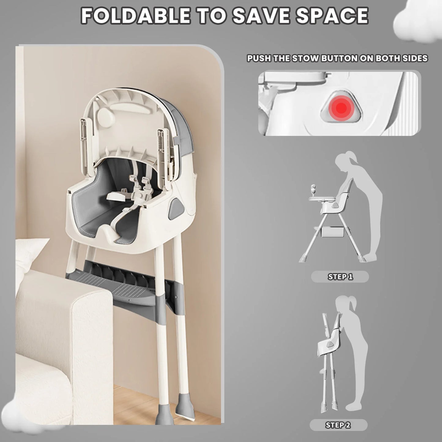 Chaise Haute Bébé Pliable 6 Mois+ avec Grand Pad Antidérapant et Porte-Jouets – Facile à Nettoyer – Modèle E500™