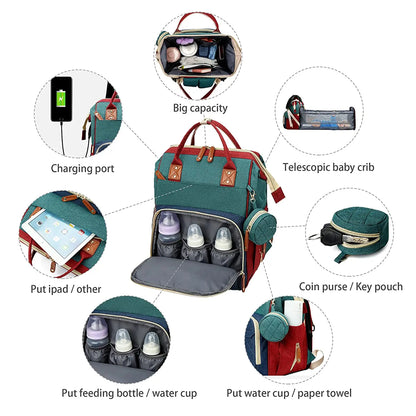 🎒🍼 Sac à Langer 3-en-1 avec Lit Bébé Intégré – Sac à Dos Voyage Étanche avec Port USB – Multifonction pour Parents Modernes