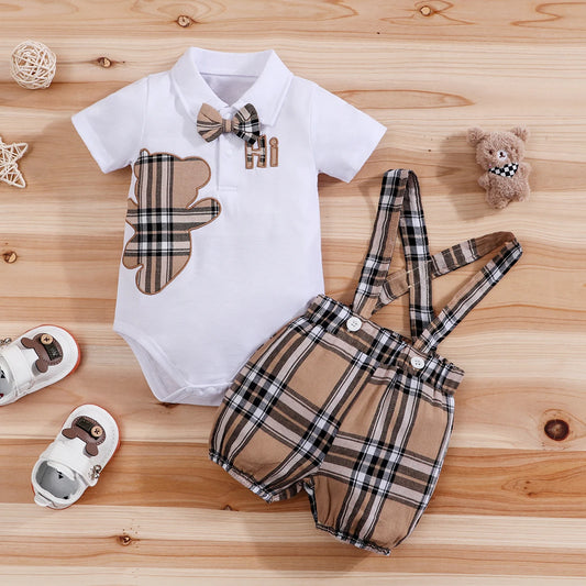 🧸 Ensemble 2 Pièces Bébé – Body à Manches Courtes Motif Ours + Pantalon Bretelles à Carreaux™ - Planète bébé