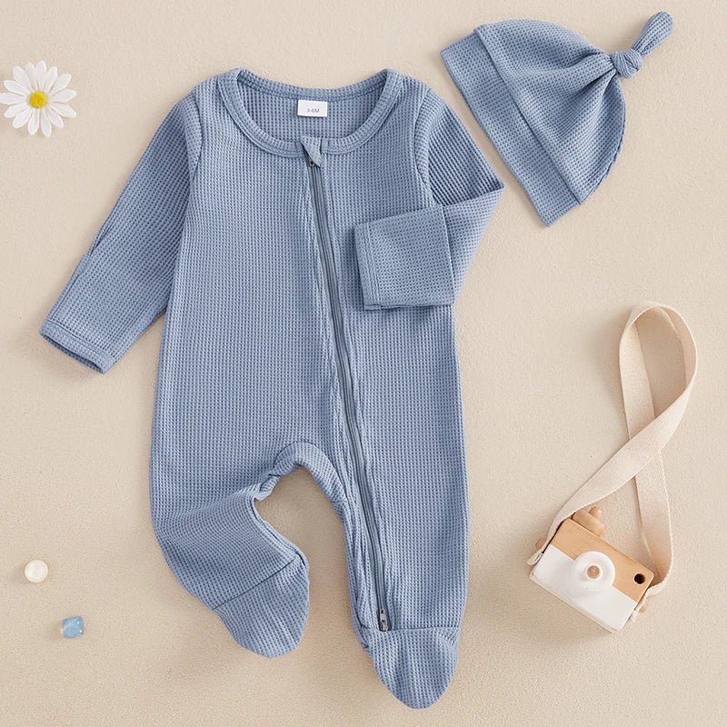 👶🍂 Combinaison Bébé Automne – Romper à Pieds Uni en Coton Gaufré + Bonnet™ - Planète bébé