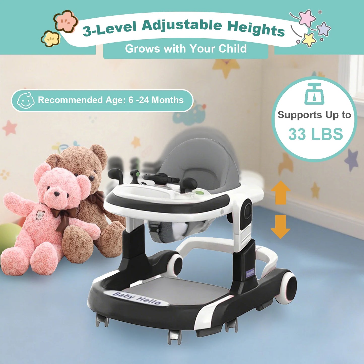 Trotteur Bébé Multifonction™ – Avec Pare-Soleil, Siège Confort et Musique – Antibasculement et Réglable