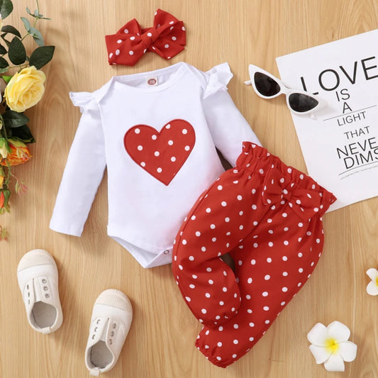 🎀 Ensemble 3 Pièces Bébé Fille – Romper Cœur ❤️ + Pantalon + Bandeau – 0 à 18 Mois™ - Planète bébé