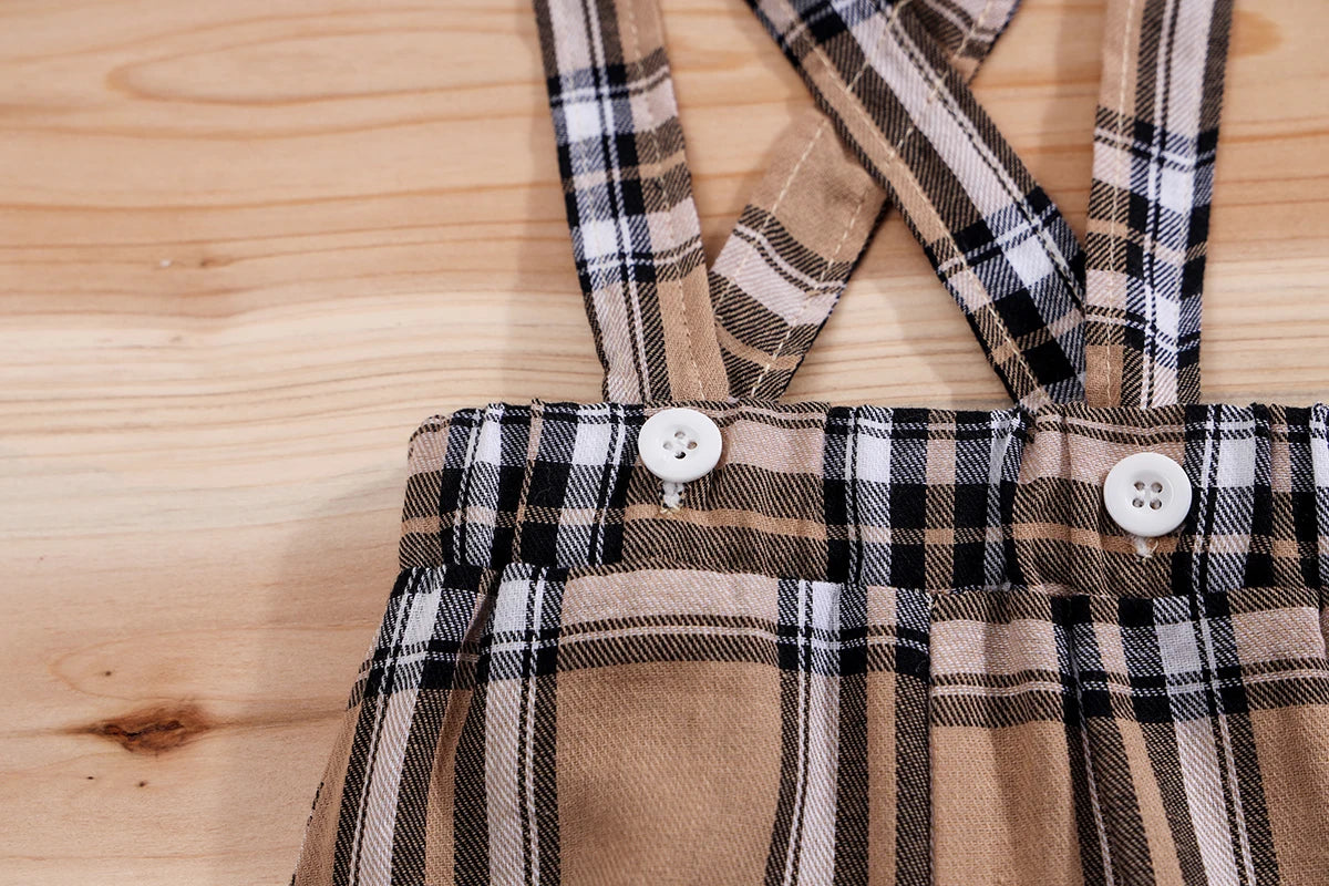 🧸 Ensemble 2 Pièces Bébé – Body à Manches Courtes Motif Ours + Pantalon Bretelles à Carreaux™ - Planète bébé