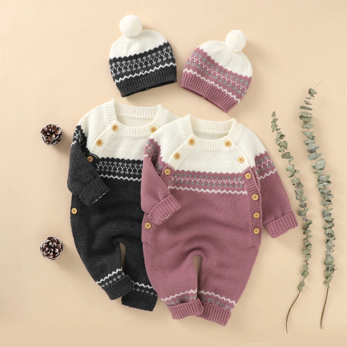 Combinaison Bébé Tricotée avec Bonnet – Body Hiver Automne