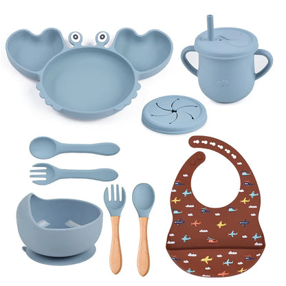 🍽️ Set de Vaisselle Bébé 9 Pièces en Silicone – Antidérapant &amp; Sans BPA™