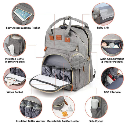 🎒🍼 Sac à Langer 3-en-1 avec Lit Bébé Intégré – Sac à Dos Voyage Étanche avec Port USB – Multifonction pour Parents Modernes