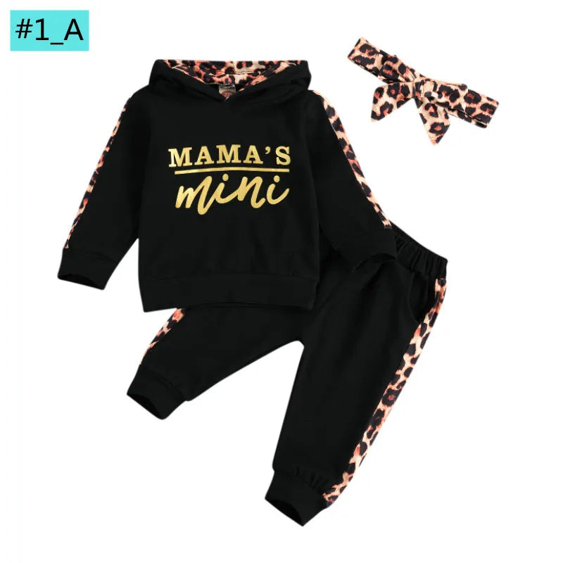 Ensemble Bébé 3 Pièces Automne – Sweat à Capuche Lettre Léopard + Pantalon + Bandeau – Tenue Fashion 1-3 Ans™
